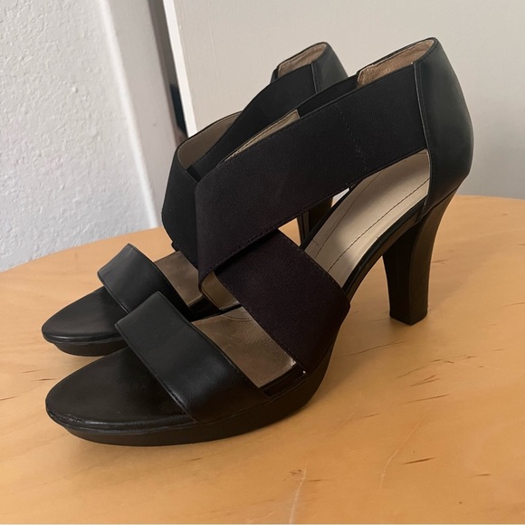 Naturalized Black High Heel Sandal Stretchy Strappy Pump 3.5 inch heel 10 - Picture 3 of 11